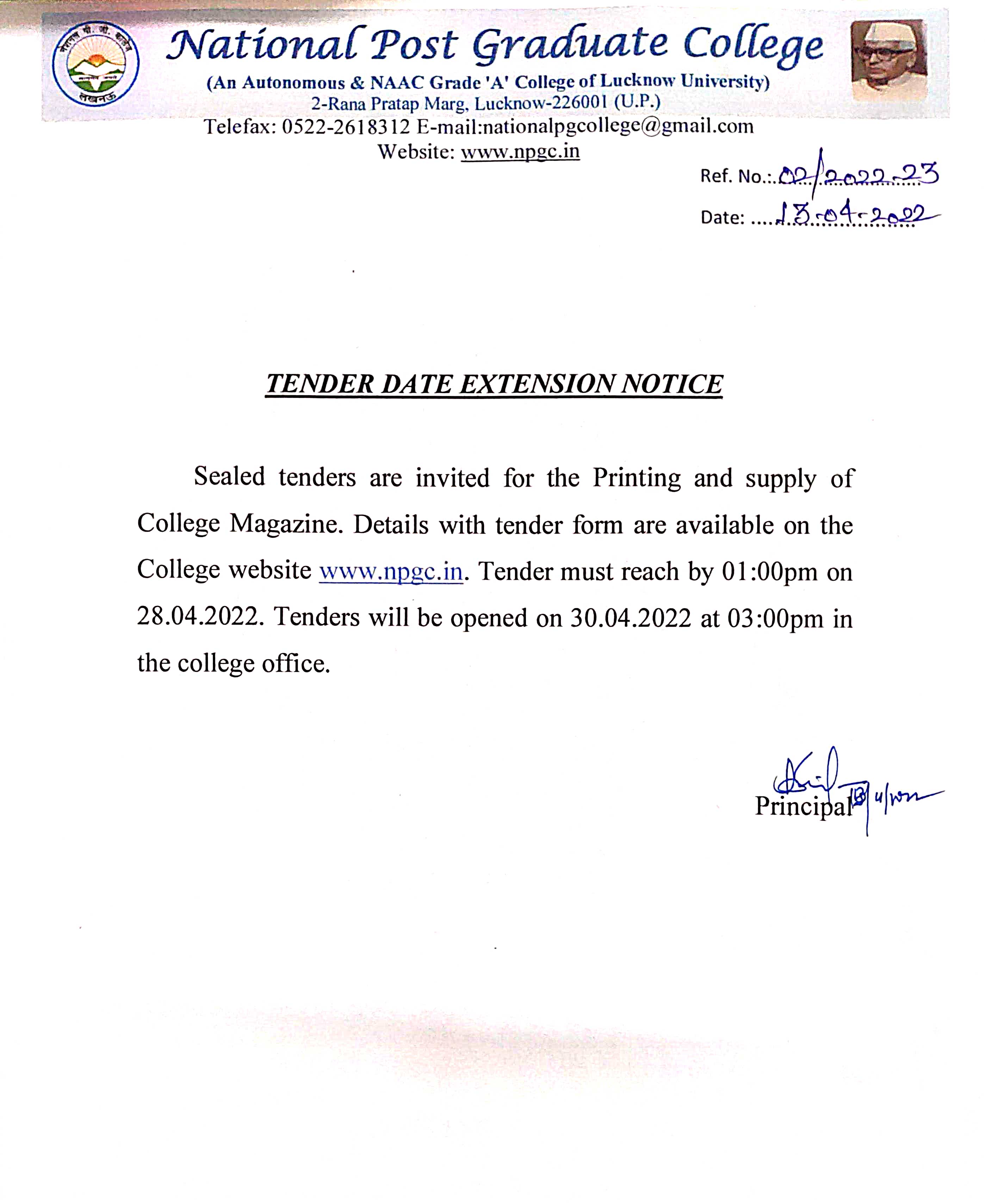 Date Extended : Printing & Supply of College Magazine